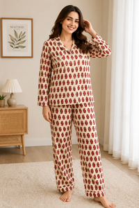 Luxury Maroon Floral Crepe Silk Night Suit Women Long Sleeve Shirt Pajama Set Casual Handmade Masterpiece Sleepwear <b>Gift</b> Set - Product Image 2