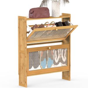 Scarpiera a 2 livelli in bambù sottile, capacità massima 20 kg, organizer stretto autoportante per ingresso con 2 cassetti ribaltabili, mobile scarpiera a 2 livelli - Product Image 6