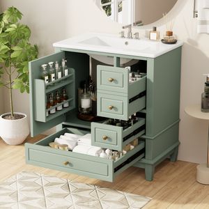 <b>Light</b> Green 30\" Bathroom <b>Vanity</b> with Sink One Door and Shelf Three Soft Close Drawers - Product Image 5