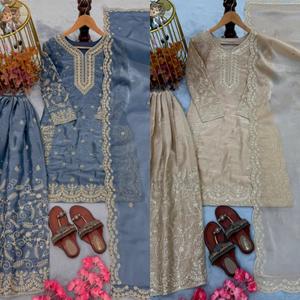 Conjunto de Top de Seda, Pantalones Palazzo y Dupatta para Mujer, Diseño Elegante con Bordado Intenso, Ideal para Bodas y Regalos, para Exportación a Granel - Product Image 1