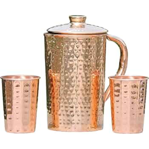 Ensemble de carafe à eau en cuivre martelé pur avec 2 verres pour les bienfaits ayurvédiques pour la santé, carafe artisanale 100% cuivre massif à vendre - Product Image 2