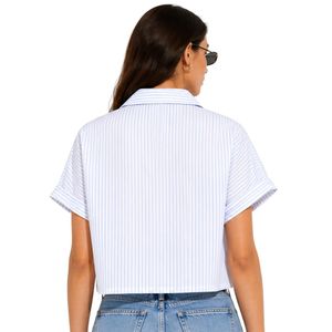 Camisa Corta a Rayas Gris Claro y Blanco Personalizada para Mujer, Blusa Casual de Verano con Botones y Logotipo Bordado Personalizado OEM - Product Image 2