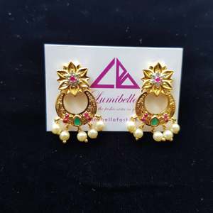 Stud Earrings with Pearl and Quartz in Gold Polish Finish Pink and Green Geometric Design - Product Image 1