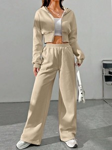 Conjunto Deportivo Personalizado para Mujer, Sudadera Corta con Capucha, Manga Larga, Felpa, Casual, Pantalones Anchos - Product Image 3