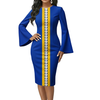 Robe moulante mi-longue élégante à manches évasées et imprimé artistique Sœur d'âme bleu et jaune pour femme, idéale pour les soirées