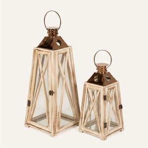 Juego de 2 Faroles Rústicos de Madera Hechos a Mano, de Madera de Acacia Blanqueada, Portavelas Decorativos para Decoración del Hogar Estilo Granja - Product Image 1