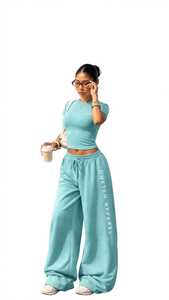 Pantalon de jogging décontracté pour femme Oneten Apparel, couleur vert sarcelle, coupe large, 100 % coton, devant plat, cordon élastique, imprimé lettres - Product Image 1