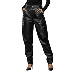 <b>Women</b>’s Genuine Leather Pants High Waist <b>Black</b> Leather <b>Trousers</b> Handmade Cargo Style - Product Image 1