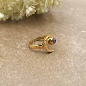 Celestial Amethyst Crescent Moon <b>Ring</b> 14K Gold Plated Brass <b>Adjustable</b> Boho & Hippie Unisex Daily Wear Jewelry - Product Image 2