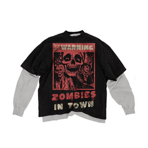 Camiseta Negra Oversize para Hombre con Estampado de Calaveras y Zombis Rojos, Mangas en Contraste, Estilo Urbano, Cuello Redondo, Algodón Jersey - Product Image 1