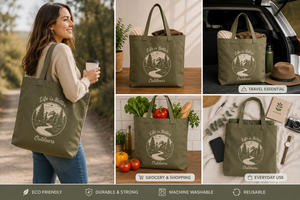 Olive Green <b>Canvas</b> <b>Tote</b> Bag with Nature Scene Print Shopping & Travel Use Top Handle Open Top Design - Product Image 3