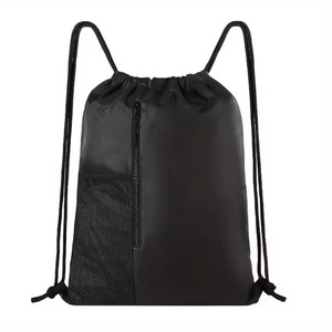 Unisex Drawstring Gym <b>Backpack</b> Black Solid Color Polyester Casual Style With Mesh Pocket And Zipper Closure Adjustable <b>Strap</b> - Product Image 1