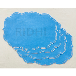 Blue Linen Placemat With White Scalloped Embroidered Edge <b>Table</b> <b>Mats</b> for Dining, Modern Tableware Reusable Elegant Kitchen Decor - Product Image 1