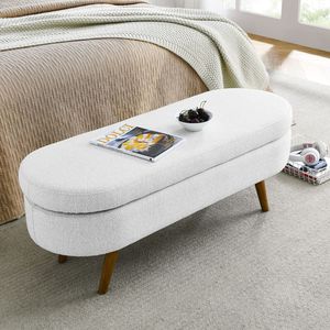Panca Contenitore Ovale Bianca in Stile Ottomano con Gambe in Legno di Gomma 43.5"x16"x16" per Arredamento Soggiorno - Product Image 3
