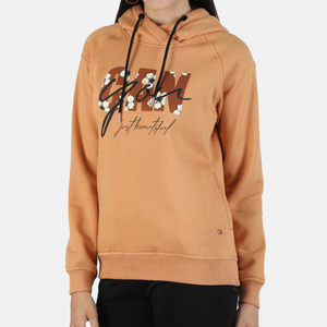 Women's Solid <b>Orange</b> Hooded Sweatshirt Floral Letter Print Full Sleeve Polyester/Cotton <b>Fleece</b> Knitted Winter Wear Front Logo - Product Image 2