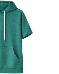 Sudadera con Capucha Verde Azulado de Manga Corta para Hombre, Casual, Ligera, de Verano, Estilo Urbano, Mezcla de Algodón, con Bolsillo Canguro - Product Image 3
