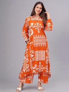 Orange Digital Printed Cotton <b>Kurta</b> Palazzo Set <b>Women</b> Ethnic Casual Wear Loose Fit Ankle Length India Pakistan Style - Product Image 4