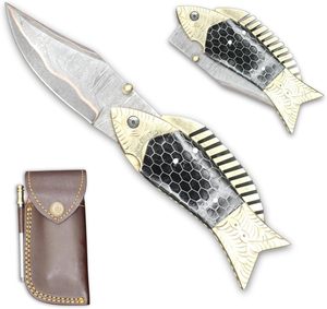 Personalized Handmade <b>Copper</b> Damascus Artistic Fish Folding Pocket Knife Collectible EDC Multi-Functional Camping Hunting Knife - Product Image 1
