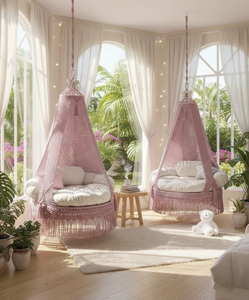 72" Boho Macramé Hammock <b>Swing</b> Chair Luxurious Home Décor Cotton Hanging <b>Swing</b> Chair Indoor Outdoor Playroom Patio Purple - Product Image 2