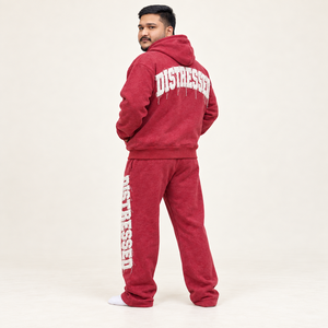 Ensemble de survêtement polaire à capuche entièrement zippé avec patch lettres vieilli, pantalon de jogging décontracté délavé à l'acide, style streetwear décontracté OEM - Product Image 3
