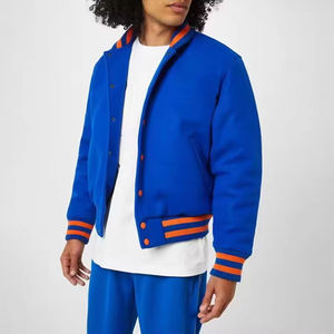 Veste universitaire bleu royal premium pour homme avec col montant, fermeture à boutons-pression, poignets et ourlet en tricot côtelé rayé, et poches latérales - Product Image 5