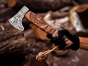Hand Forged Bearded Handmade <b>Viking</b> Style Tomahawks Carved Wooden Handle Stainless Steel Blade Industrial Grade Outdoor OEM - Product Image 3