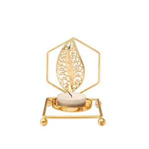 Nordic Gold Hexagon Metal Candle Holder with Filigree <b>Leaf</b> Pattern Elegant Tabletop Tealight Stand Skies Trader Latest 2026 - Product Image 1