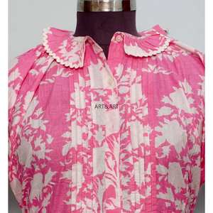 Túnica Moderna con Estampado Floral, 100% Algodón Lavable, Estilo Casual Femenino, Cuello Mandarín con Volantes, Manga Media, Mini - Product Image 2