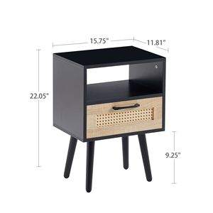 Comodino Moderno Nero da 40 cm con Cassetto e Gambe in Legno Massello, Tavolino Laterale in Rattan per Camera da Letto o Soggiorno - Product Image 3