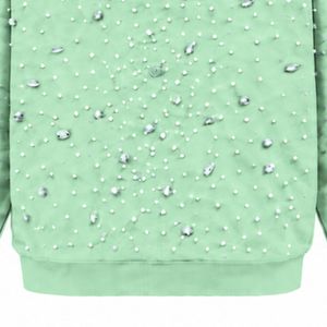 Sweat à capuche vert menthe avec fermeture éclair et perles, veste streetwear tendance à manches longues, sweat-shirt décontracté à capuche avec poches avant - Product Image 6