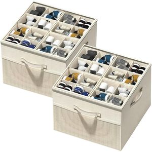 Lot de 2 boîtes de rangement pliables pour chaussures avec séparateurs réglables et couvercle transparent, capacité jusqu'à 16-32 paires - Product Image 1