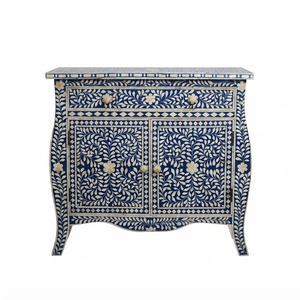 Table de Chevet en Bois Bleu avec Incrustations Osseuses, Commode de Luxe à Motifs Floraux, Armoire de Rangement Artisanale à 2 Portes en Promotion - Product Image 1