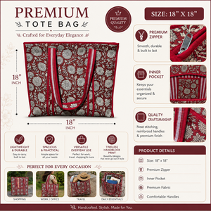Sac fourre-tout en coton matelassé fait main de qualité supérieure, fermeture à glissière, grand format 18x18 pouces, imprimé floral, peint à la main, sac à bandoulière réutilisable pour femmes - Product Image 5