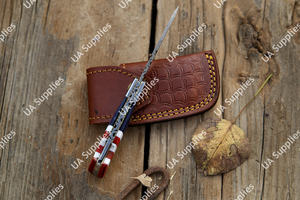 Couteau pliant professionnel artisanal en acier Damas, couteau de poche EDC tactique de chasse avec étui en cuir et manche en bois époxy, OEM - Product Image 4