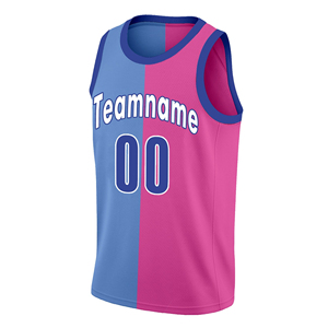 Maillot de basketball rose et bleu tendance, personnalisable par sublimation, en tissu maille polyester, service OEM - Product Image 1