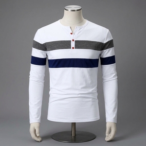 Mens Fashion Striped Henley Shirts Long Sleeve Casual Slim Fit T Shirts Comfortable Color Block Cotton Pullover Tee Shirt - Product Image 5