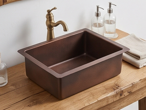 Évier de cuisine carré en cuivre fait main de qualité supérieure, à cuve unique, à poser sur le comptoir, finition rustique mate brossée - Product Image 1