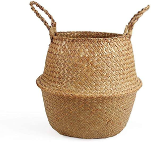 Panier rond pliable en jonc de mer, tressé à la main, avec poignées, pour plantes, pique-nique, couvercle de pot de fleurs et rangement - Product Image 1