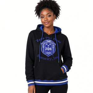 Sudadera con Capucha Zeta Phi Beta Negra Unisex, Bordado de Chenille con Letras Arqueadas, Forro de Capucha Azul Rey, Ribete a Rayas - Product Image 1