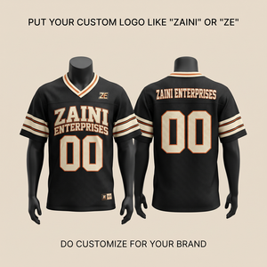 เสื้อฟุตบอลผ้าโพลีเอสเตอร์ตาข่ายพรีเมียม 280 GSM สีดำครีมส้ม แถบลายที่แขนเสื้อ ปักโลโก้แบบซับลิเมชั่นตามสั่ง - Product Image 1