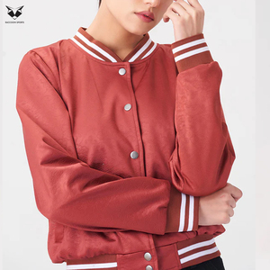 Women's <b>Red</b> Varsity Jacket Full Sleeve Button Up Collar Solid Color Autumn Wear Woven Polyester <b>Material</b> With Own Logo Print - Product Image 5