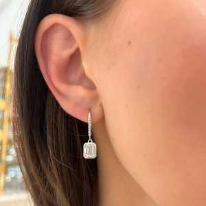 Dangle Drop Huggies Bezel Emerald Round Cut Lab Grown Diamond <b>Hoop</b> <b>Earrings</b> Lever Back Fine Jewelry Wholesale 14k 18k Solid Gold - Product Image 6