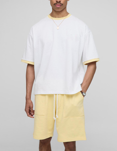 Ensemble t-shirt blanc à col rond pour homme avec bordure jaune et short jaune, vêtements décontractés d'été, tissu tricoté 100% coton - Product Image 2