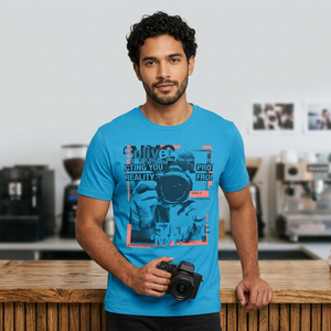 Men's Blue Short Sleeve T-Shirt With <b>Camera</b> <b>Print</b> Pattern Casual O-Neck Jersey Regular Fit 100% Cotton Breathable Design - Product Image 5