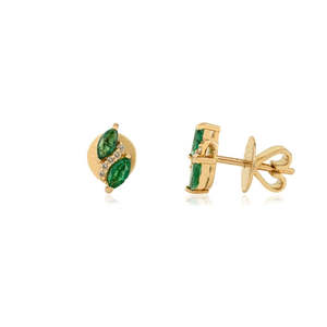 14K Solid Gold Marquise Cut Emerald and Diamond Stud Earrings for Wedding - Product Image 6