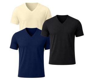 Camiseta cómoda para hombre con cuello en V, tejido de mezcla de algodón, corte regular y estilo casual de manga corta - Product Image 1