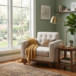 Sillón Moderno para Sala de Estar con Base de Madera de Teca Sólida, Tapizado en Tela Beige con Diseño Acolchado de Mediados de Siglo, Sillón Individual Decorativo - Product Image 2
