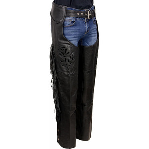 Chaps de moto classiques pour femmes Samroz, tressés et frangés, couleur personnalisée, avec broderie de roses, haute qualité - Product Image 1