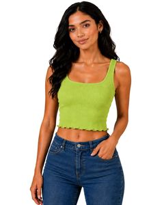 <b>Lime</b> <b>Green</b> Women Ribbed Crop Tank <b>Top</b> Sleeveless Square Neck Slim Fit Knitted Cotton Stretch Summer Casual Fashion Custom <b>Ladies</b> - Product Image 1