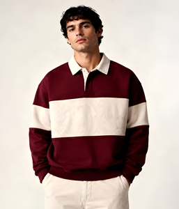 Polo en tricot pour homme à blocs de couleur, manches longues, style preppy rayé, coton anti-boulochage, coupe classique - Product Image 1